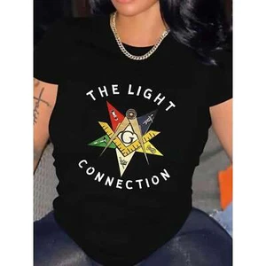 Women's Casual Round Neck T-shirt, Compass and Letter Print, Soft Summer Top - Picture 1 of 12