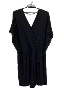 Lane Bryant Womens Romper Black 24 3X Elastic Waist Short Sleeves Crochet Trim - Picture 1 of 7