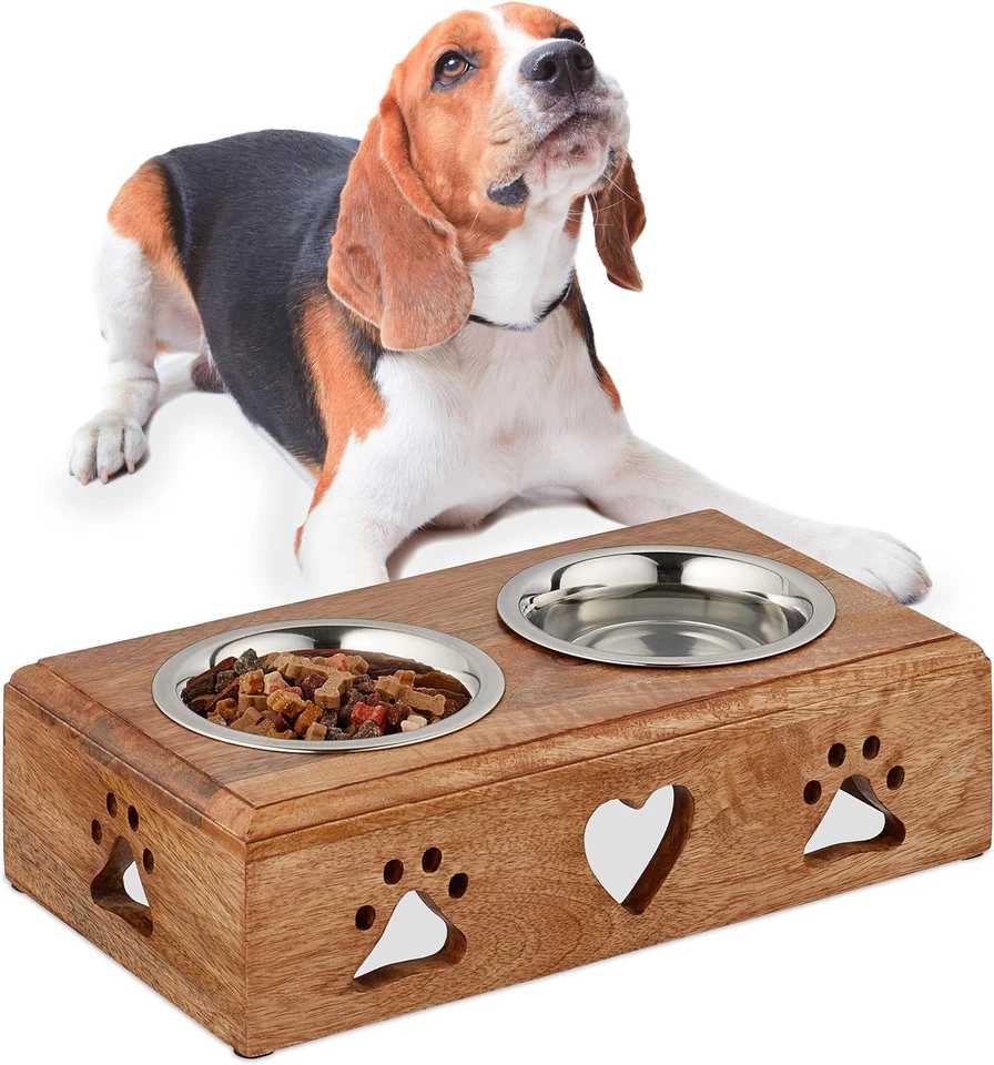 Ciotole Cani 9X34X18,5 Cm, Alzatina Scodelle 400 Ml, Supporto Rialzato Legno, Na - Immagine 1 di 4