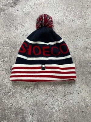 DC Shoes Knit Beanie Hat Navy Red White Pom Pom Shoeco Streetwear Winter Cap - Image 1 of 4