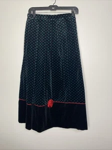 Vintage 70s Component Susan Bristol black green velvet fleur-de-lis midi skirt M - Picture 1 of 8