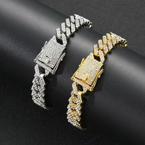 Men's Gold Plated Iced CZ Out Solid Miami Cuban Link Bracelet 12MM for Men Women - Picture 1 of 8