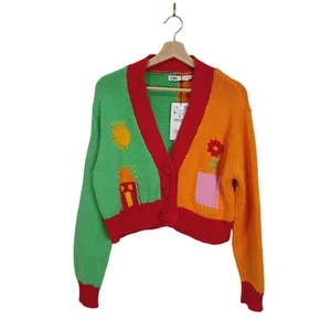 Zara Size M Colour-block Cotton Thick Knit Embroidered Crop Boxy Cardigan NWT - Picture 1 of 11