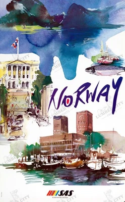 Cartaz de viagem SAS Noruega 1992 companhia aérea escandinava impressão arte parede retrô - Imagem 1 de 4