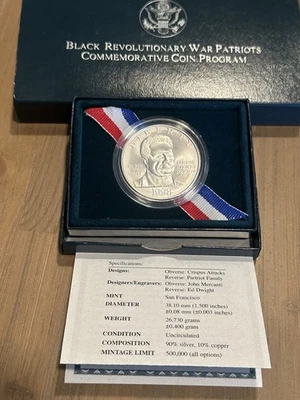 1998-S Black Revolutionary War Patriots Crispus Attucks Uncir Silver Dollar COA - Image 1 of 4