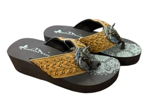 Montana West Brown Flip Flops with Tan Leather Gold Studs Cow Skull Concho NIB - Picture 1 of 5
