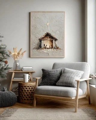 Textured Nativity Scene Canvas, Minimalist Holy Family Art, Christmas Decor - Image 1 of 4