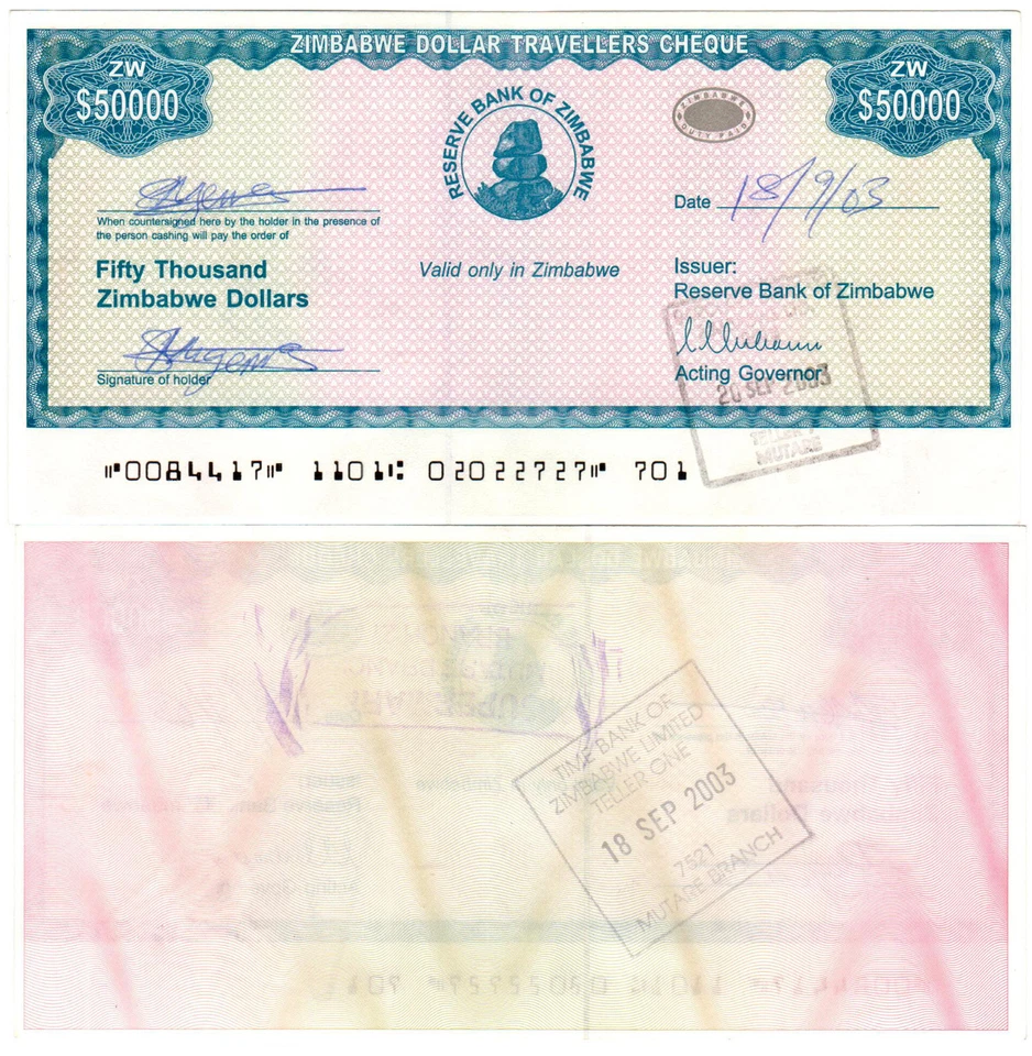 Zimbabwe Travellers Cheque 50 000 Dollars P#19 (2003)  - Image 1 of 1