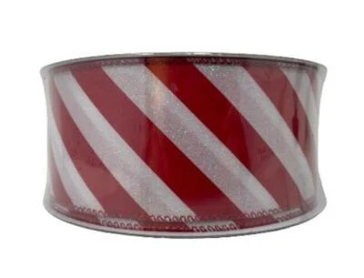 2.5" X 50 Yds Premium Holiday Wired Ribbon - Candy Cane Stripe Red/White Glitter - Image 1 of 2