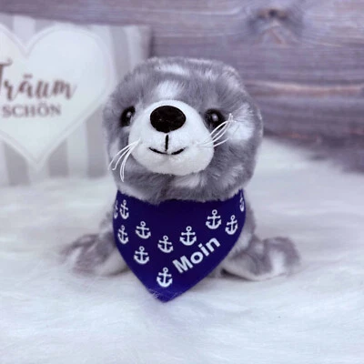 Plüsch Seehund grau-weiß mit Tuch Anker Moin 22cm Kuscheltier Robbe maritim - Bild 1 von 3