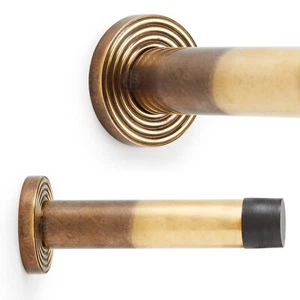 Aged Brass Cylinder Projected Door Stop on Reeded Backplate Solid Brass - Picture 1 of 4