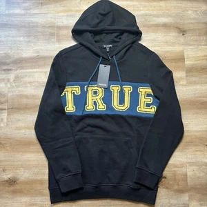 True Religion Hoodie Mens Small Jet Black Contrast Panel Pullover Designer NWT - Picture 1 of 6