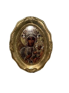 Oval Gold-Leaf Frame Our Lady of Czestochowa Print, 4 1/2" x 3 1/2", Italy - Picture 1 of 2