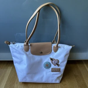Longchamp Le Pliage Paris Heart Patch Limited Edition White Tan Leather Tote Bag - Picture 1 of 16