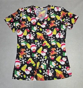 MicroFlex Black Scrub Top Christmas Santa Penguin Reindeer Snowman Sz S - Picture 1 of 11