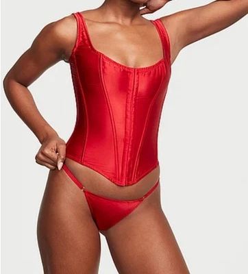 Nuevo con etiquetas Victoria Secret VS Clásico Corsé Top y Panty Set Rojo 100% Seda XL Navidad Foto 1 de 4