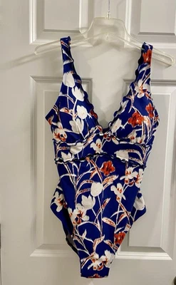 DKNY Donna Karan One Piece Swimsuit Navy Red White floral Scalloped Size 12 NWT - Image 1 of 4