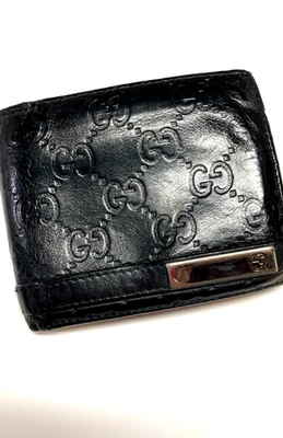 GUCCI VINTAGE GUCCISSIMA GG MONOGRAMA CUERO CARTERA DOBLE MONEDA ITALIA NEGRO Foto 1 de 4
