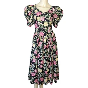 LAURA ASHLEY dress size 8 multicolored floral V neck low V back bow vintage - Picture 1 of 11