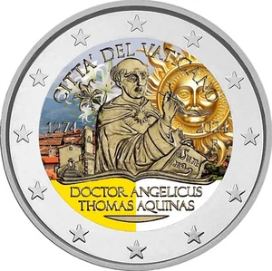 2 Euro Gedenkmünze Vatikan 2024 Thomas v Aquin mit Farbe / coloriert / Farbmotiv - Bild 1 von 1