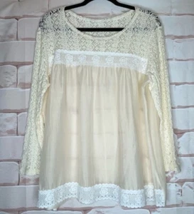 Cream Semi Sheer Lace Long Sleeve Blouse Size Large !!READ!! - Picture 1 of 7