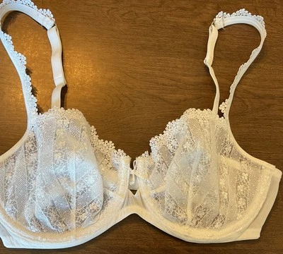 Sutiã Marie Jo bordado semi transparente floral forrado de malha de renda branco EUA tamanho 32D - Imagem 1 de 4