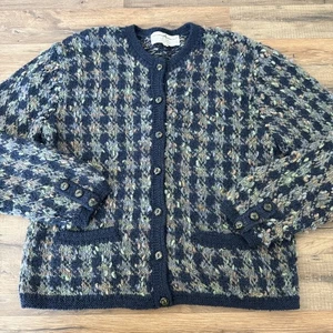 Peruvian Connection 100% Wool Cardigan Nubby Textured Women’s Medium Navy Green - Picture 1 of 10