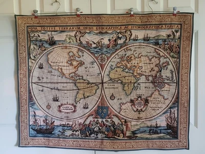 World Map Tapestry 42” X 32” Made In France 100% Cotton Backing, Rod Pocket Rare - Image 1 of 4