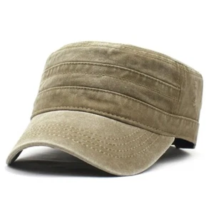 Beige, Khaki Washed Vintage Flat Top Cap, Cotton Military Cadet Army Caps Unique - Picture 1 of 4