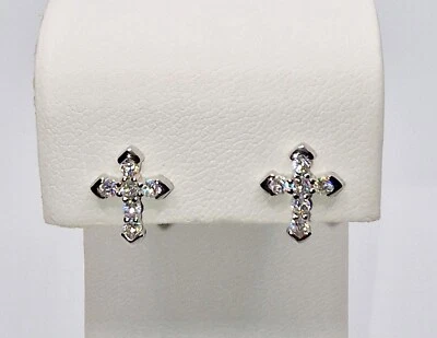 925 STERLING SILVER WHITE GOLD OVERLAY MOISSANITE DVVS1 SMALL CROSS EARRINGS - Image 1 of 4