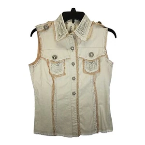Papaya Juniors MED Cream Gold Satin Linen Vest Sequins Rhinestones Distressed - Picture 1 of 11