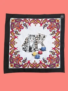 NOS Vntg Cats Playing W Yarn 80s Bandana Black Paisley - Picture 1 of 4