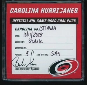 Tim Stutzle Ottawa Senators GU Goal Puck 10/11/23 vs Hurricanes 74th Career Goal - Picture 1 of 2