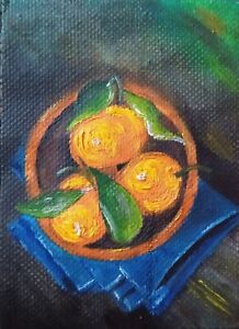 ACEO Original Oil On Canvas Still Life Painting Miniature Realism Orange By TL