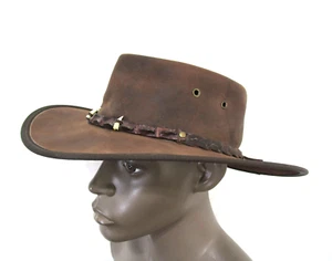 Barmah Brown Leather Outback Crocodile 3 Teeth Hat Men Sz L - Picture 1 of 9