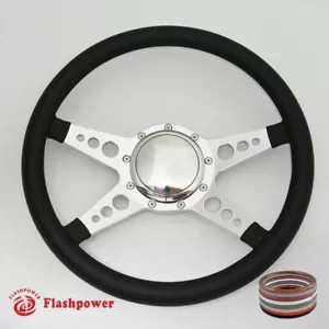 14" Polished Billet Steering Wheel Black Full Leather Wrap Catalina Blazer - Foto 1 di 10