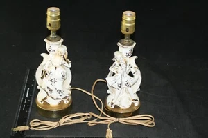 VINTAGE PORCELAIN VICTORIAN FIGURAL LAMP PAIR CANDLESTICK BRASS ALL ORIGINAL 12" - Picture 1 of 6