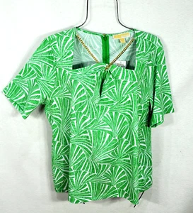Michael Kors Womens Blouse L White Green Palms Short Sleeve Chain Neck Top NWT - Picture 1 of 9