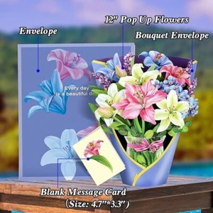 Pop Up Bouquet Card, Lillies & Lupines, 12 inch Paper Flowers 3D Popup - Picture 1 of 4
