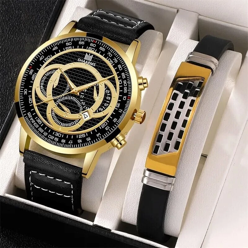 Ensemble 3 pcs Montre luxe Homme d'affaire noir or élégante et Magnifique