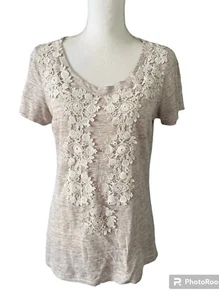 Sundance Women's Linen Top Brown Oatmeal Crochet Short Sleeve Size S - Picture 1 of 7