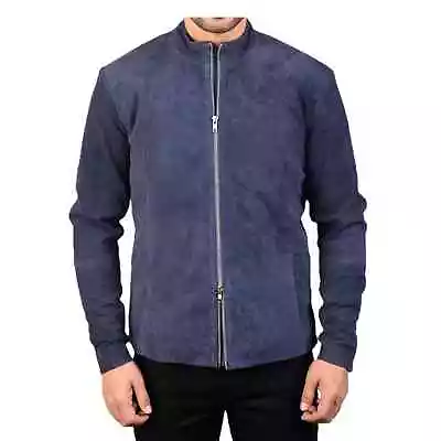 Men's Blue Jacket Real Suede Leather Fashion Biker Casual Outwear Stylish Soft - Image 1 of 4