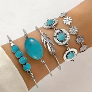 5 Stck. PU Türkis Schmuck Armband Ethno Blume Feder Manschette Armband Armreif - Bild 1 von 5