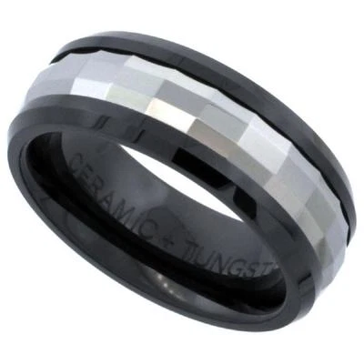Обручальное кольцо из черной керамики 8 мм с граненой вольфрамовой центральной полосой, удобная посадка - Изображение 1 из 2
