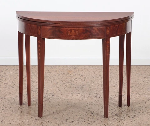 Inlaid Mahogany And Satinwood Demilune Console That Converts To Game Table Cover