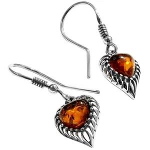 Bellissimi Orecchini Cuore Moderni Argento Sterling 925 Miele Baltico Ambra Baltica - Foto 1 di 6