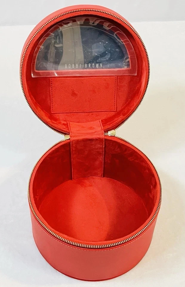 Estuche de tren redondo Bobbi marrón rojo con espejo portamaquillaje nuevo sin etiquetas Foto 1 de 4