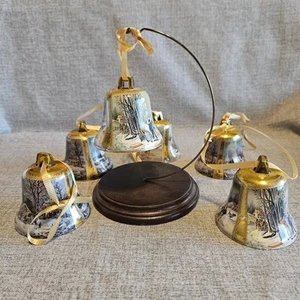 Vintage Christmas Curtier & Ives Gold Tone Hard Plastic Bell Ornament Set Of 6 - Picture 1 of 10
