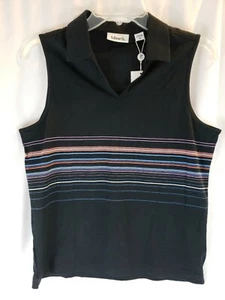 Womens Polo Shirt Size Medium - Navy Blue & Pink Stripe V Neck Top - New w/Tag - Picture 1 of 4