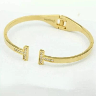 Women's Stainless Steel 7" CZ Cuff Bracelet Unisex Gold plated + Box - Image 1 of 3